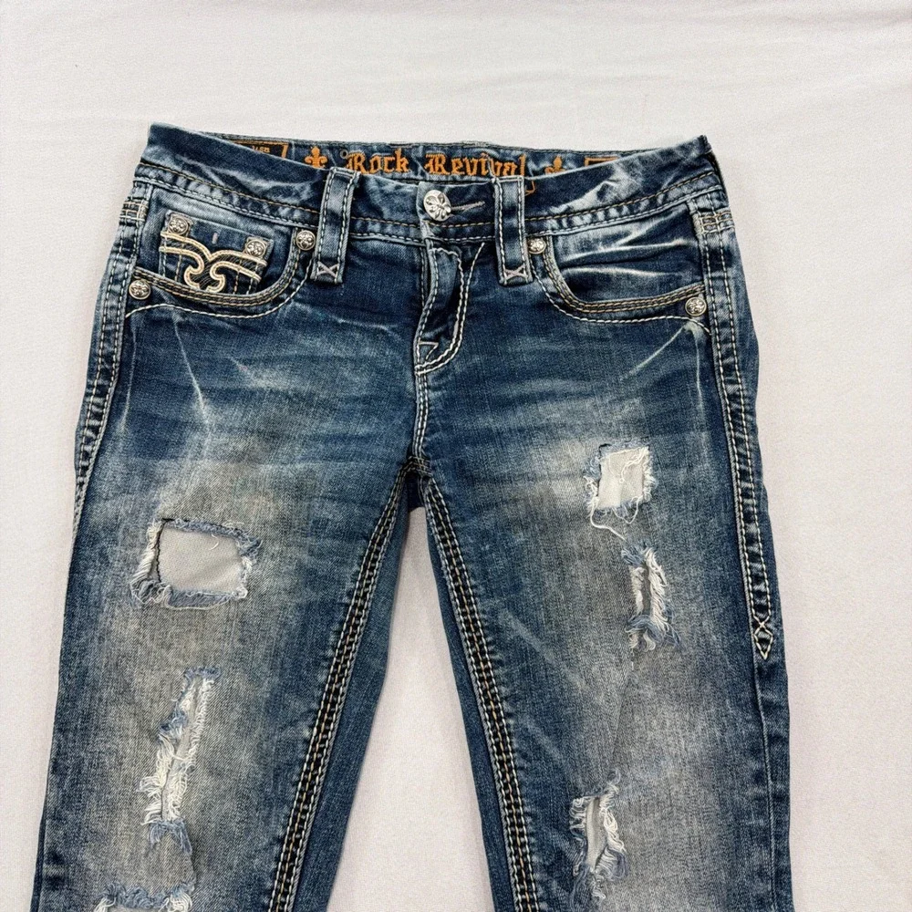 Rock Revival Jeans Sun Boot Distressed Embroidered Blue Women Size 26